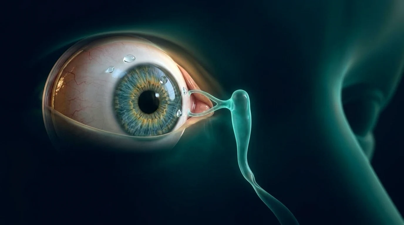 صورة توضيحية لمسار تصريف الدموع من زاوية العين إلى القناة الدمعية مع انسداد بسيط عند النهاية